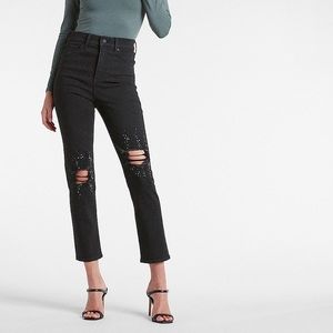 Express Super High Waisted Black Embellished Ripped Slim Jeans